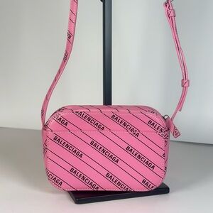 Authentic Balenciaga Pink Logo Print Crossbody Camera Bag
